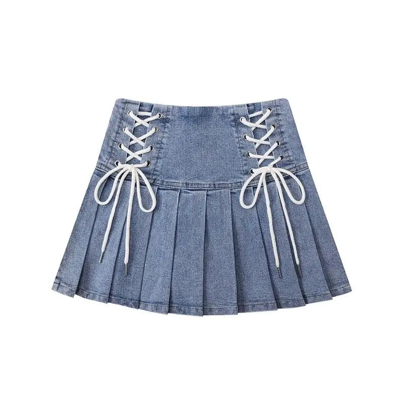 Denim Lace-Up Pleated Mini Skirt - Korean High Waist Streetwear Skirt