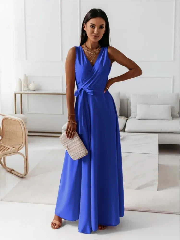 V Neck Lace Up Maxi Dress - Sleeveless Slim Party Outfit