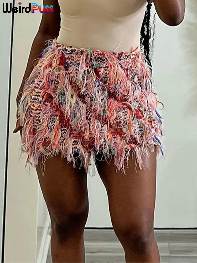 Colorful Tassel Knit Hip Skirt - Stretch Summer Streetwear Bottom