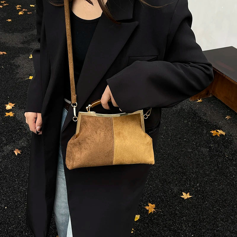 Suede Wooden Handle Top Bag - Vintage Gold Tone Frame Purse