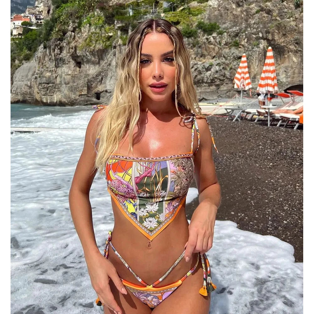 Print Halter Brazilian Bikini Set - Wire Free Backless Swimwear