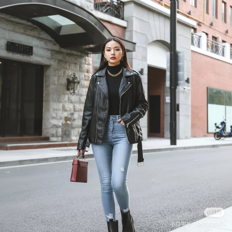 Loose Black PU Motorcycle Jacket - Imitation Leather Autumn Outerwear