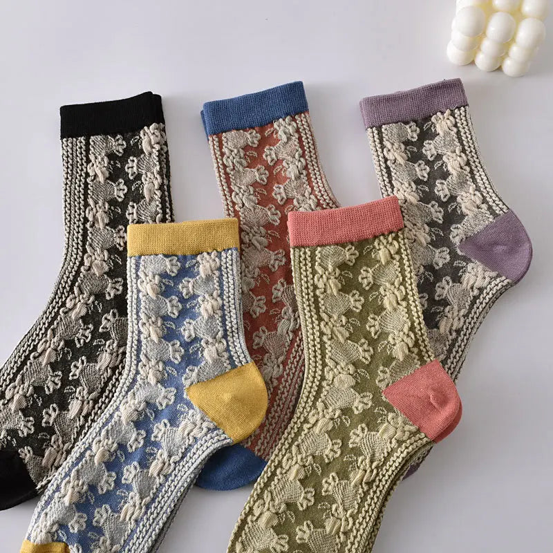 Floral Embossed Knit Socks - Retro Harajuku 5 Pair Style