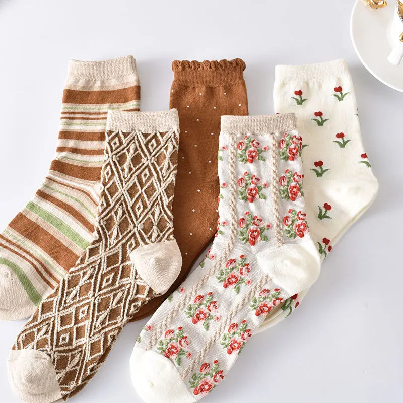 Floral Embossed Knit Socks - Retro Harajuku 5 Pair Style