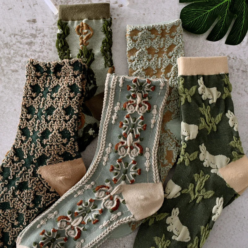 Floral Embossed Knit Socks - Retro Harajuku 5 Pair Style