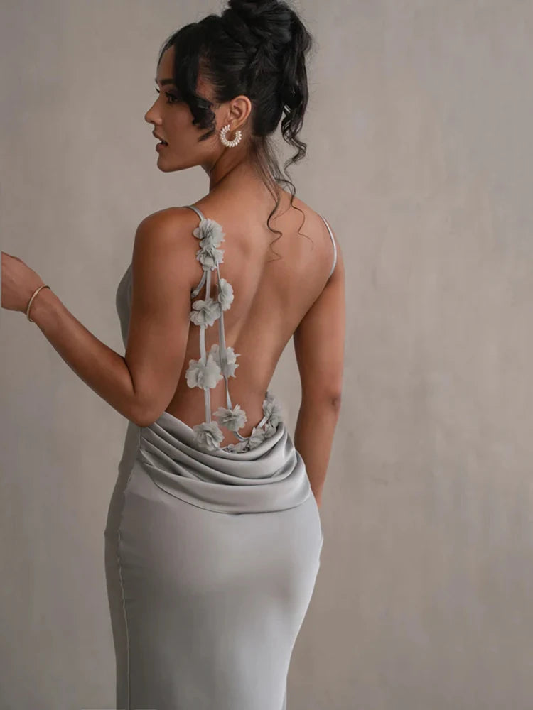 Floral Draped Backless Maxi Dress - Spaghetti Strap Bodycon Evening Outfit