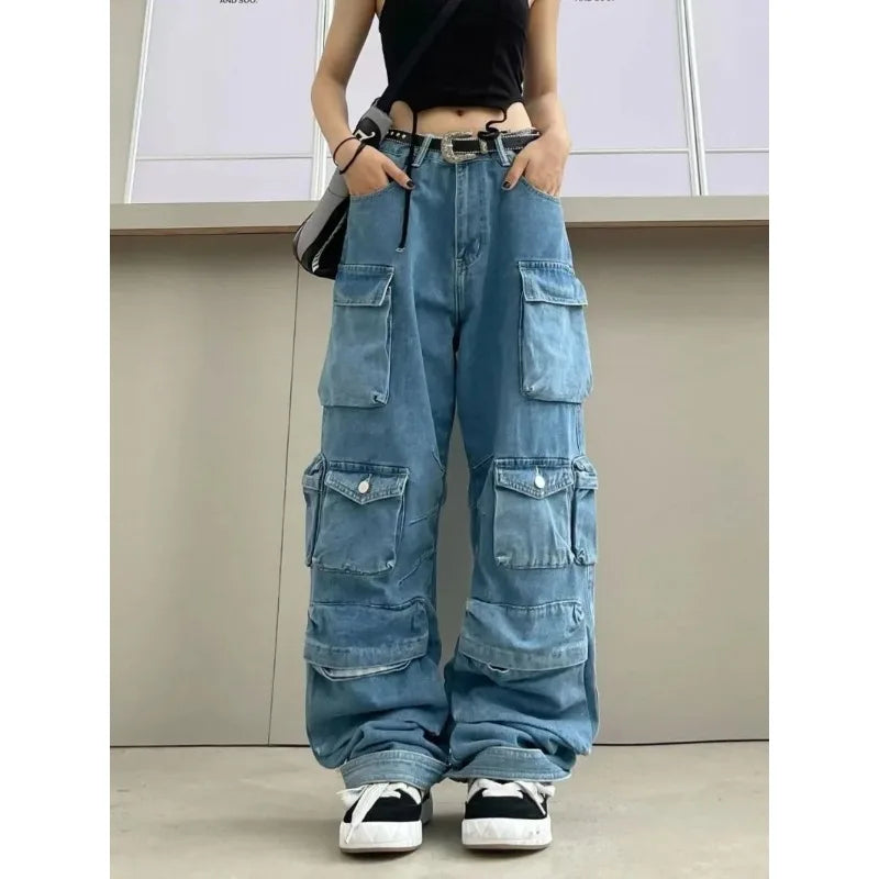 Y2K Multi-Pocket Cargo Jeans - Blue Washed Wide Leg Denim
