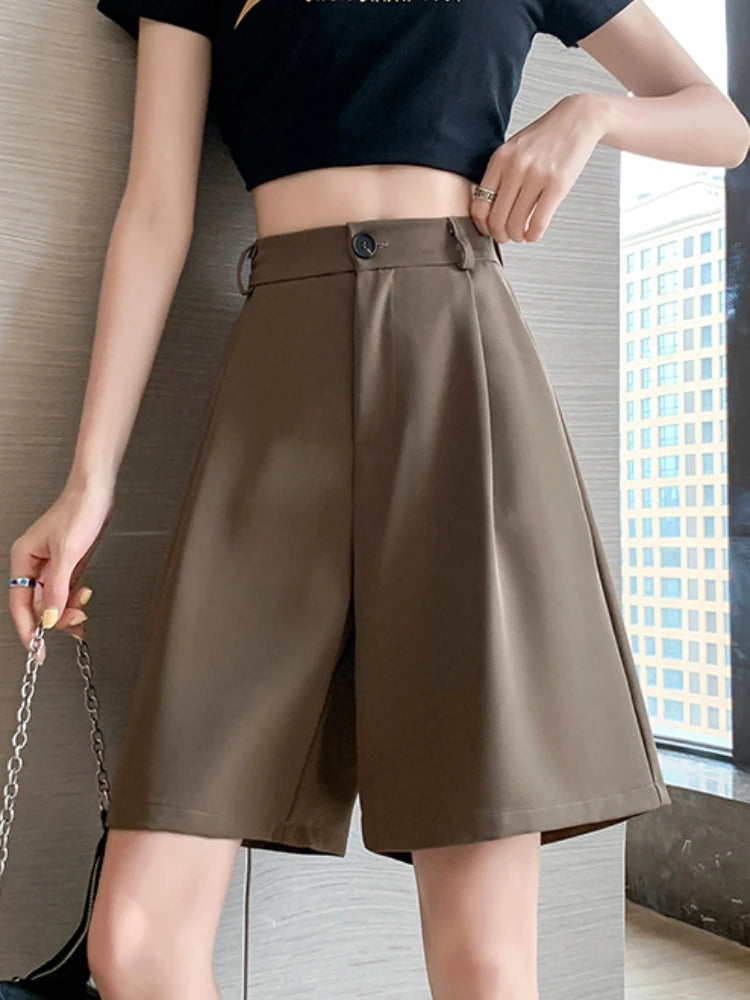 Wide Leg Suit Shorts - High Waist Knee Length Office Summer Shorts