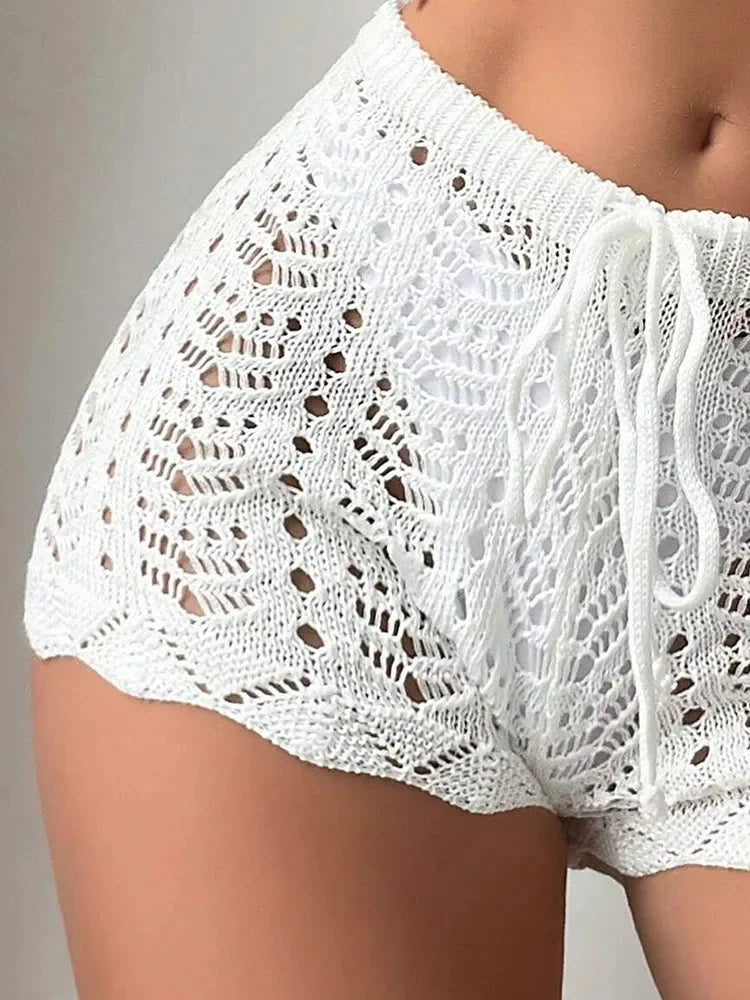 Hollow Knit Drawstring Shorts - Open Waist Bikini Cover-Up Shorts