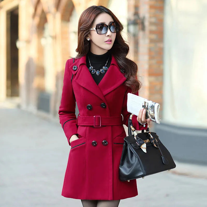 Slim Double Breasted Woolen Coat - Long Belted Winter Jacket
