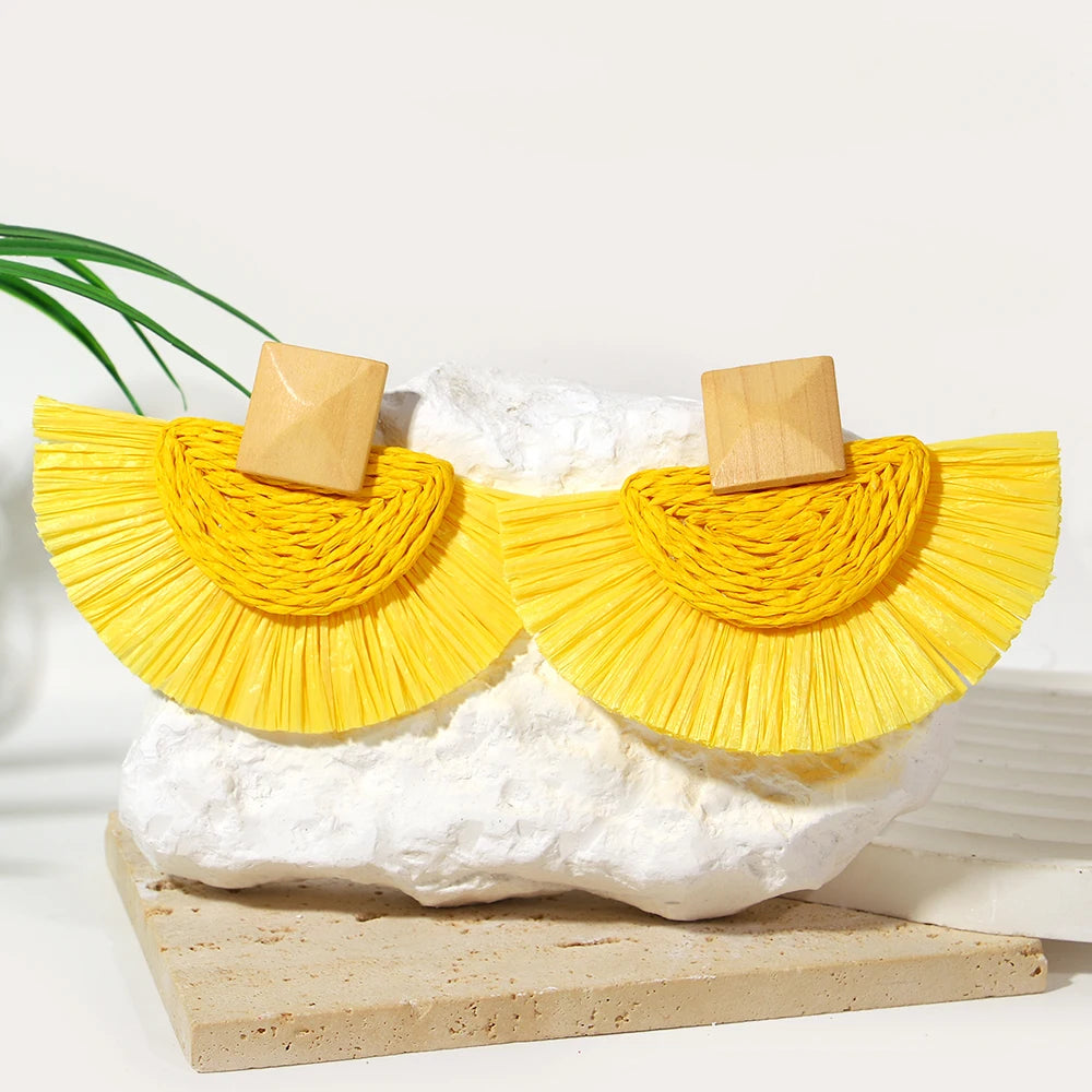 Handmade Raffia Fan Drop Earrings - Wooden Rattan Summer Jewelry