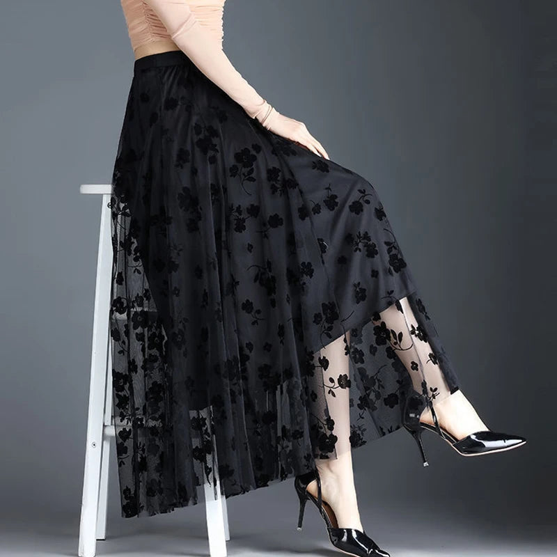 Korean Floral Tulle Midi Skirt - Elegant Mesh Casual Summer Skirt