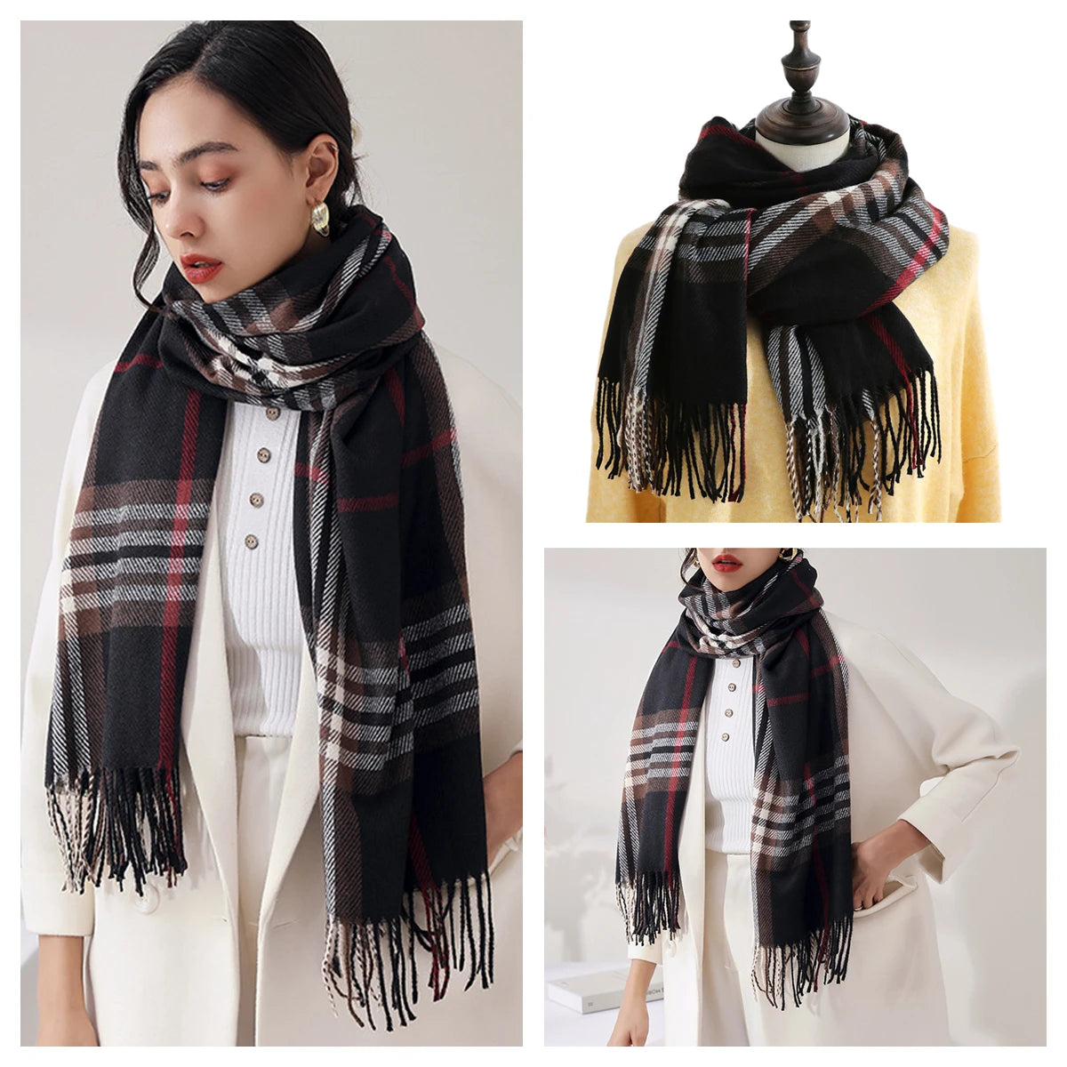 Classic Plaid Blanket Scarf - Cashmere-Feel Large Warm Shawl