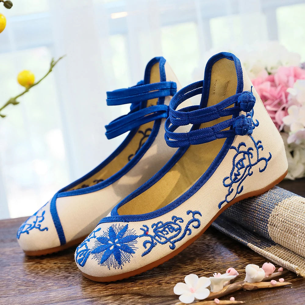 Sunflower Embroidered Ballet Flats - Canvas Ankle Strap Casual Shoes