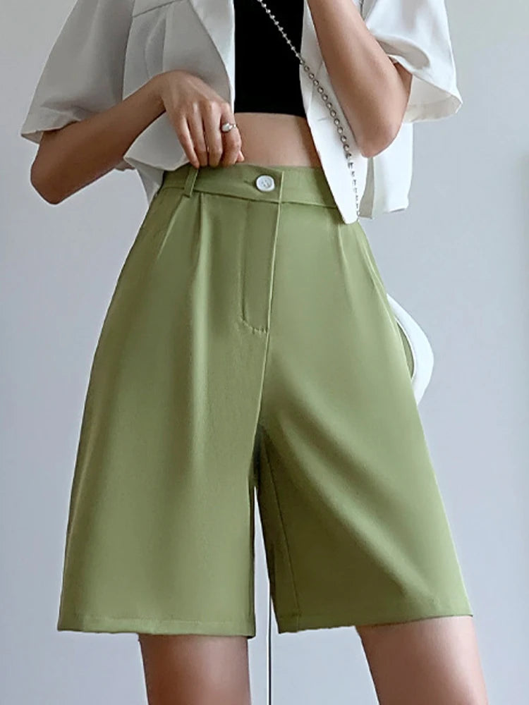 Wide Leg Suit Shorts - High Waist Knee Length Office Summer Shorts