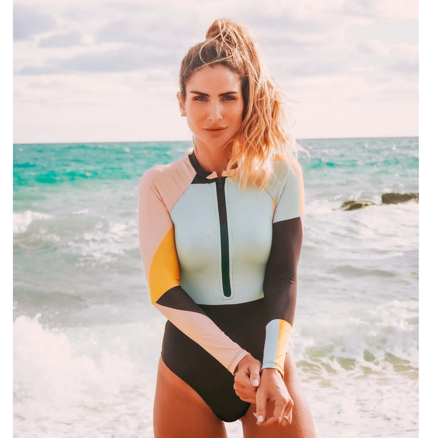Long Sleeve Floral Surf Swimsuit - Black Retro One Piece Swimwear
