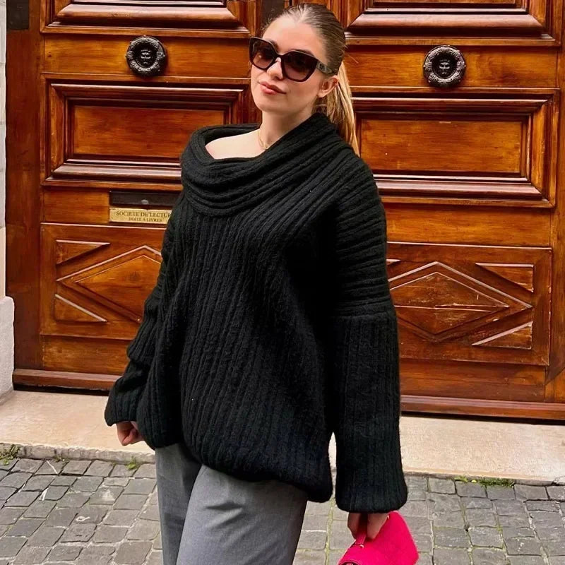 Off Shoulder Loose Sweater - Brown Retro Slash Neck Knit Top