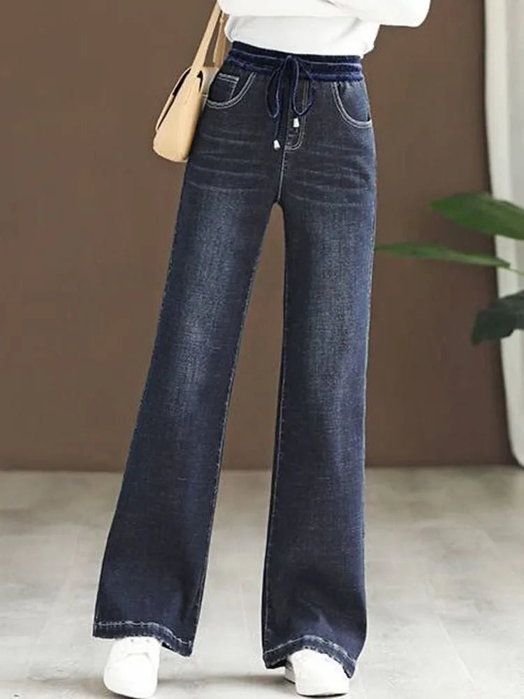 Elastic High Waist Baggy Jeans - Korean Oversized Wide Leg Denim