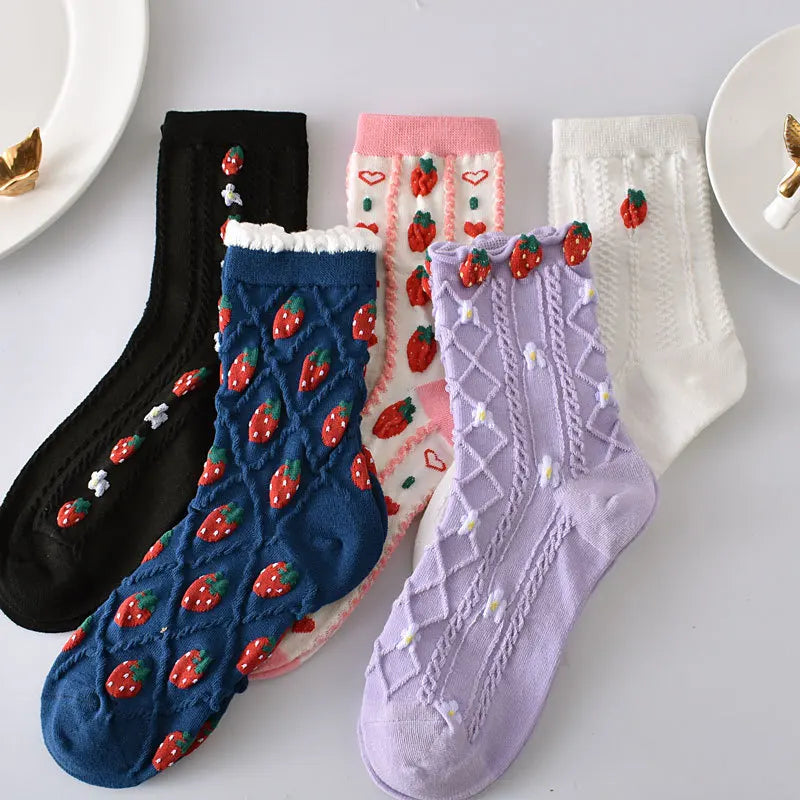 Floral Embossed Knit Socks - Retro Harajuku 5 Pair Style