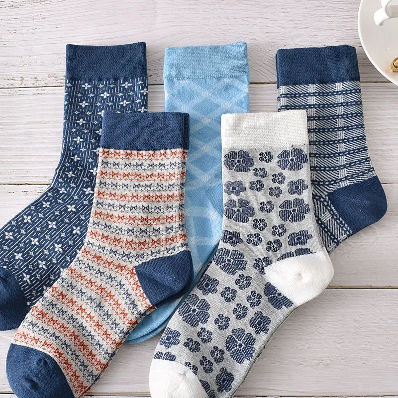 Floral Embossed Knit Socks - Retro Harajuku 5 Pair Style