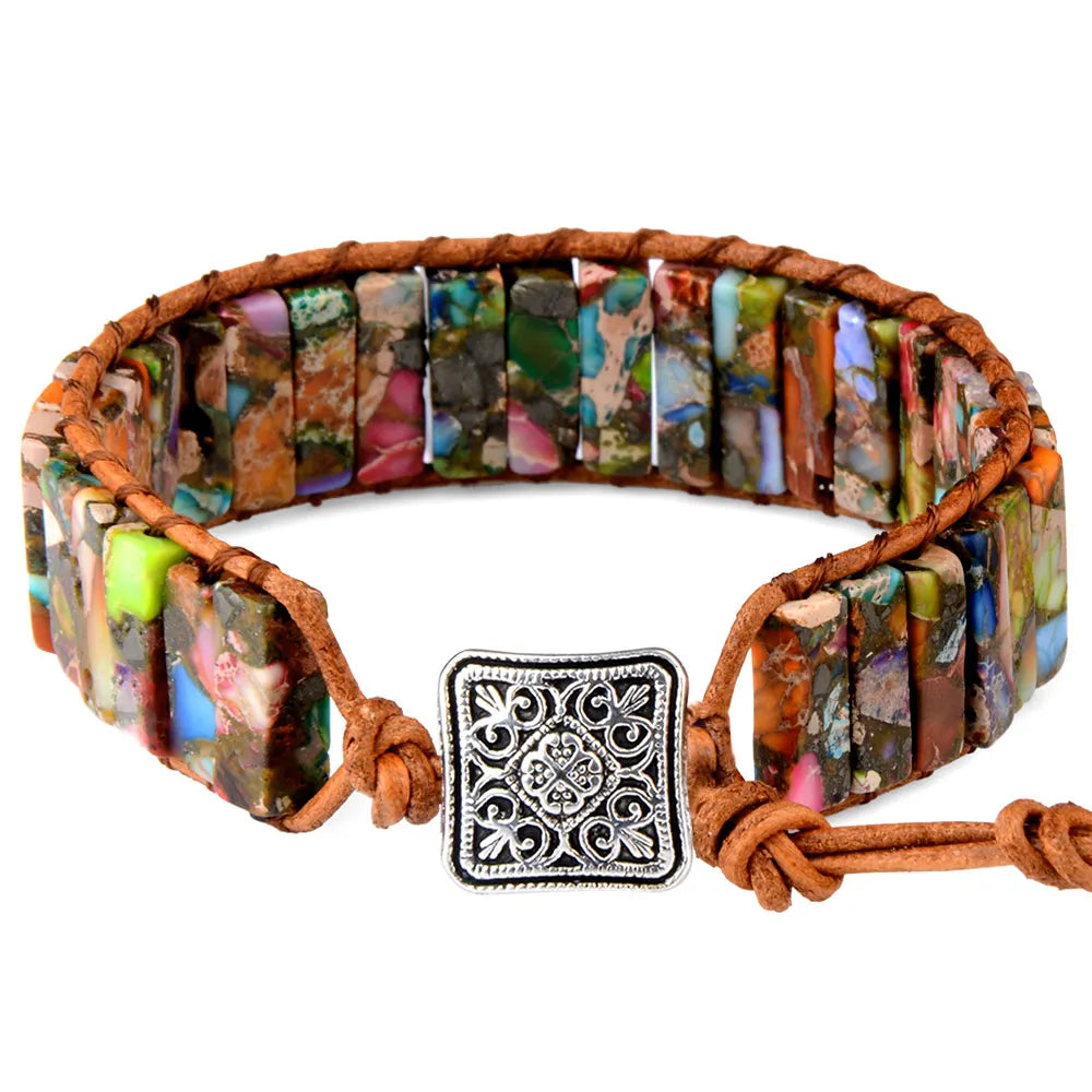 Multicolor Natural Stone Leather Wrap Bracelet - Tibetan Gypsy Bead Jewelry