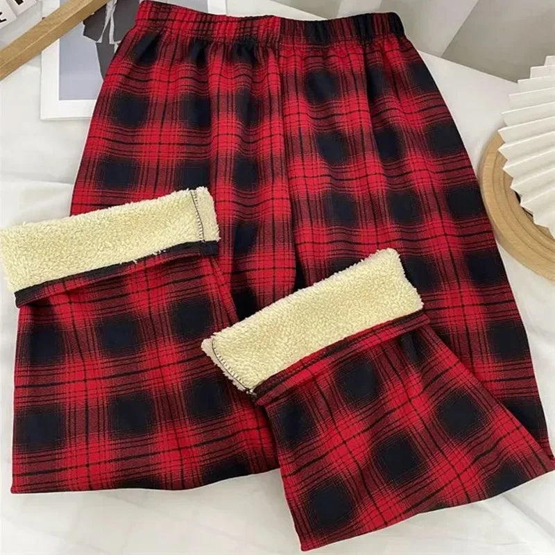 Fleece Lined Plaid Trousers - High Waisted Straight Winter Pants