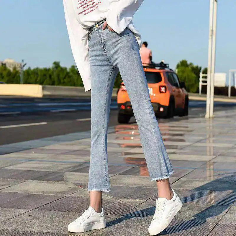 Slim Flare High Waist Jeans - Korean Ankle Length Stretch Denim
