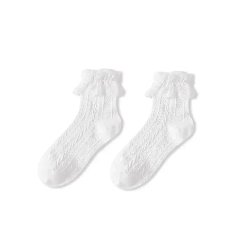 Lace Bow Ruffle Socks - Japanese Lolita Mid Tube Stockings