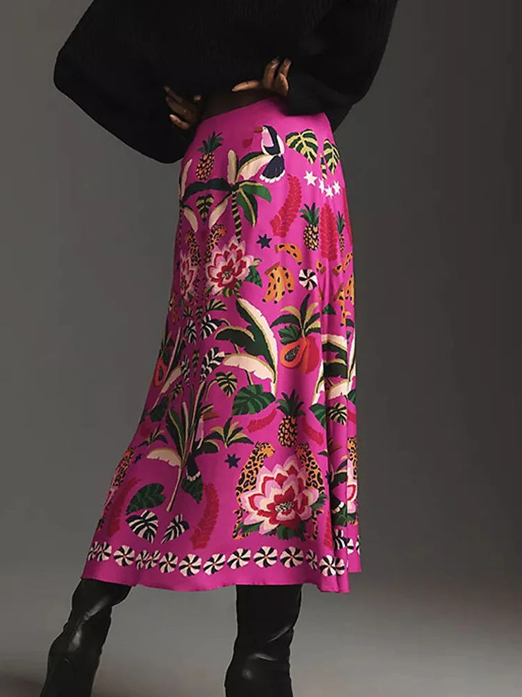 Floral Printed A-Line Skirt - Summer Autumn Zipper Midi Skirt