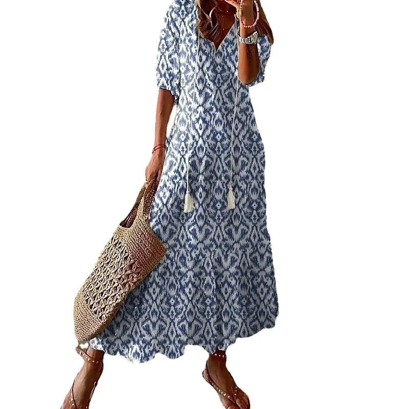 Bohemian Floral V Neck Maxi Dress - Drawstring Beach Vacation Outfit