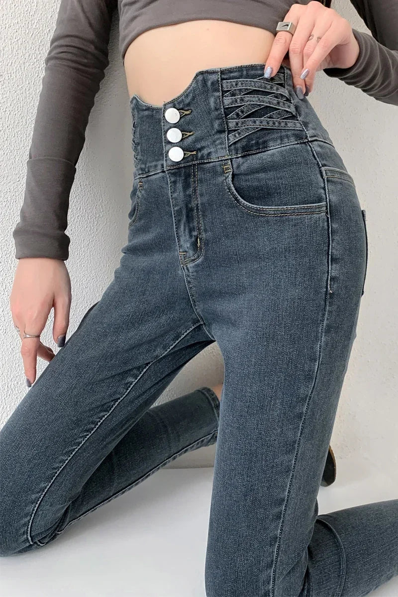 Four Button Skinny Pencil Jeans - Vintage High Waist Stretch Denim