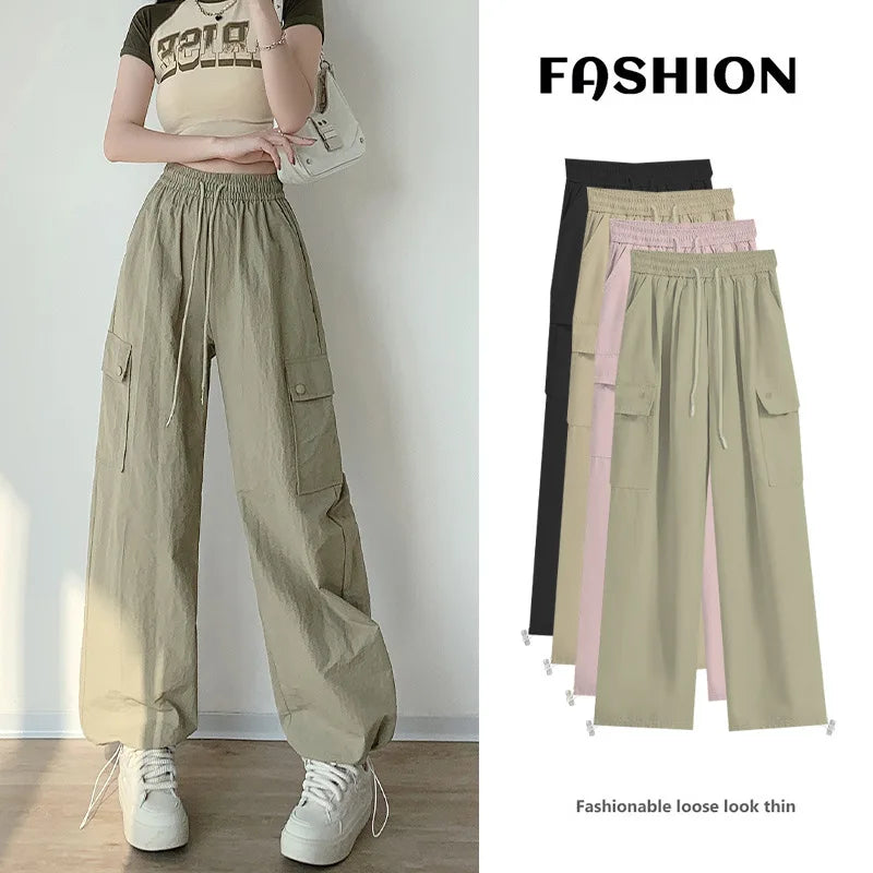 Big Pocket Wide Leg Cargo Pants - Elastic Waist Street Trousers
