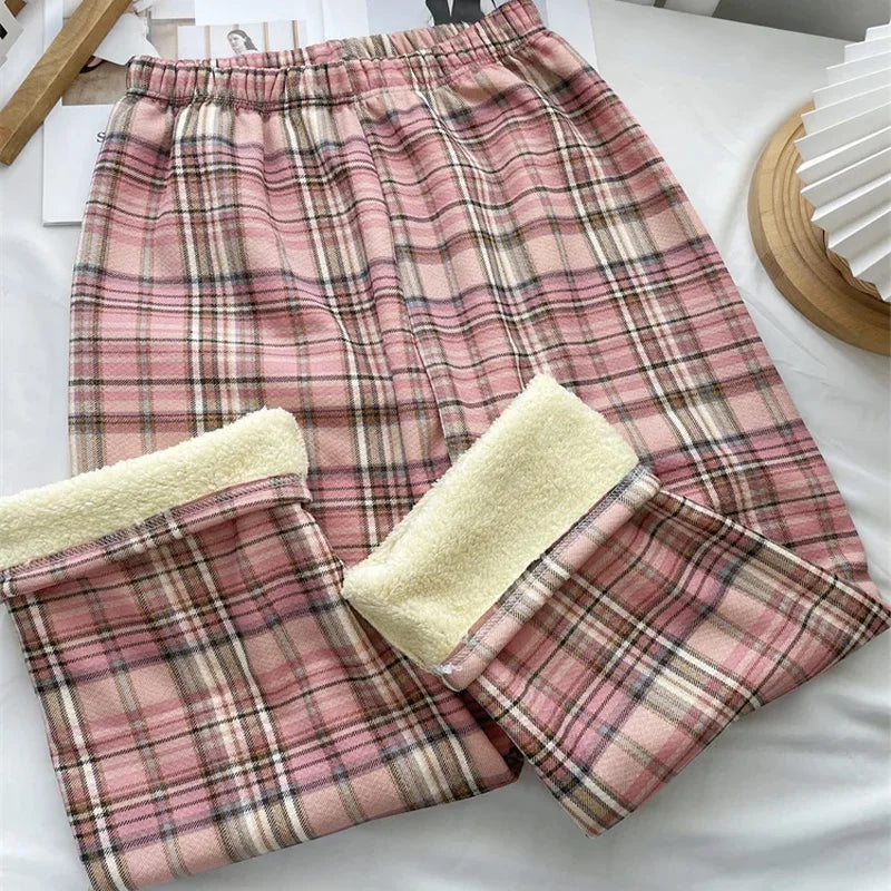 Fleece Lined Plaid Trousers - High Waisted Straight Winter Pants