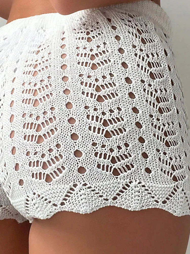Hollow Knit Drawstring Shorts - Open Waist Bikini Cover-Up Shorts
