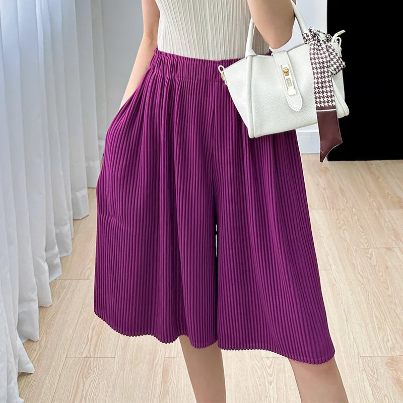 Pleated Five Point Shorts - Loose High Waist Drape Summer Mid Pants