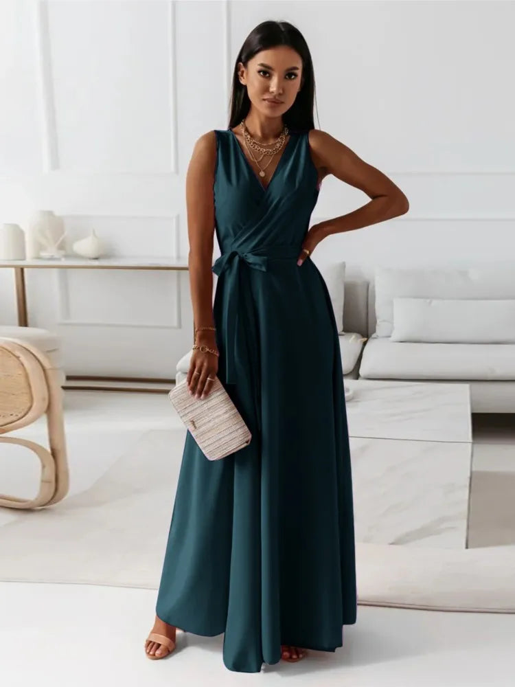 V Neck Lace Up Maxi Dress - Sleeveless Slim Party Outfit