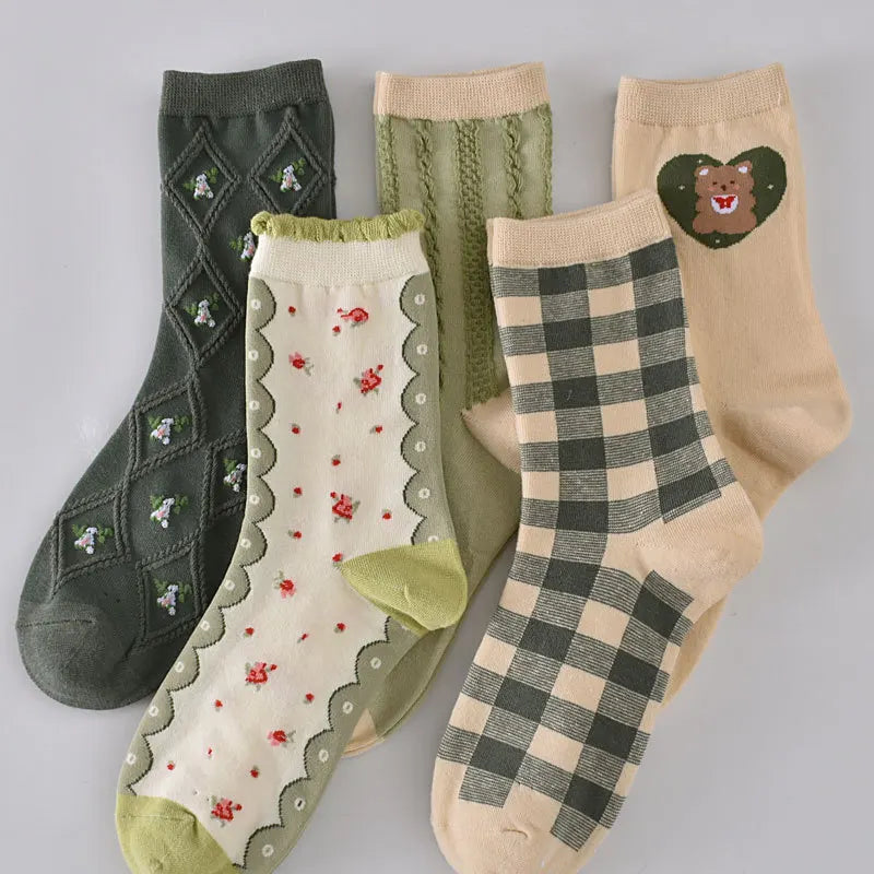 Floral Embossed Knit Socks - Retro Harajuku 5 Pair Style