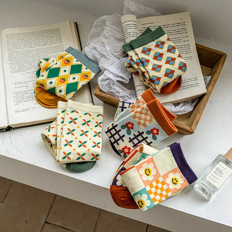 Diamond Fruit Flower Long Socks - Cute Colorful Pattern Crew Pair