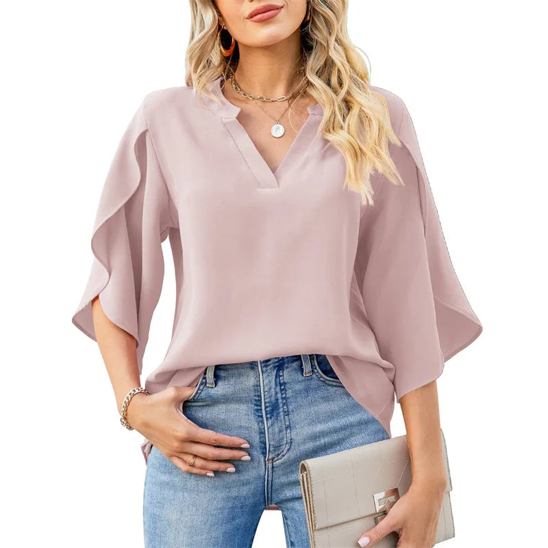 V Neck Chiffon Blouse - Loose Short Flare Sleeve Summer Top