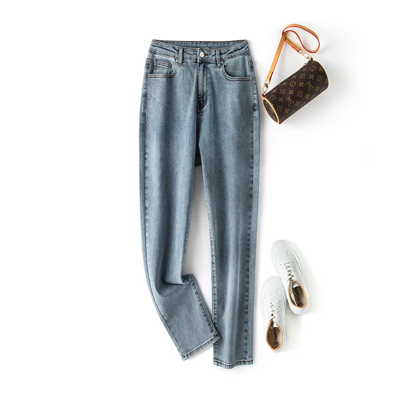 Plus Size Dark Blue Stretch Jeans - Loose Straight Autumn Denim Pants