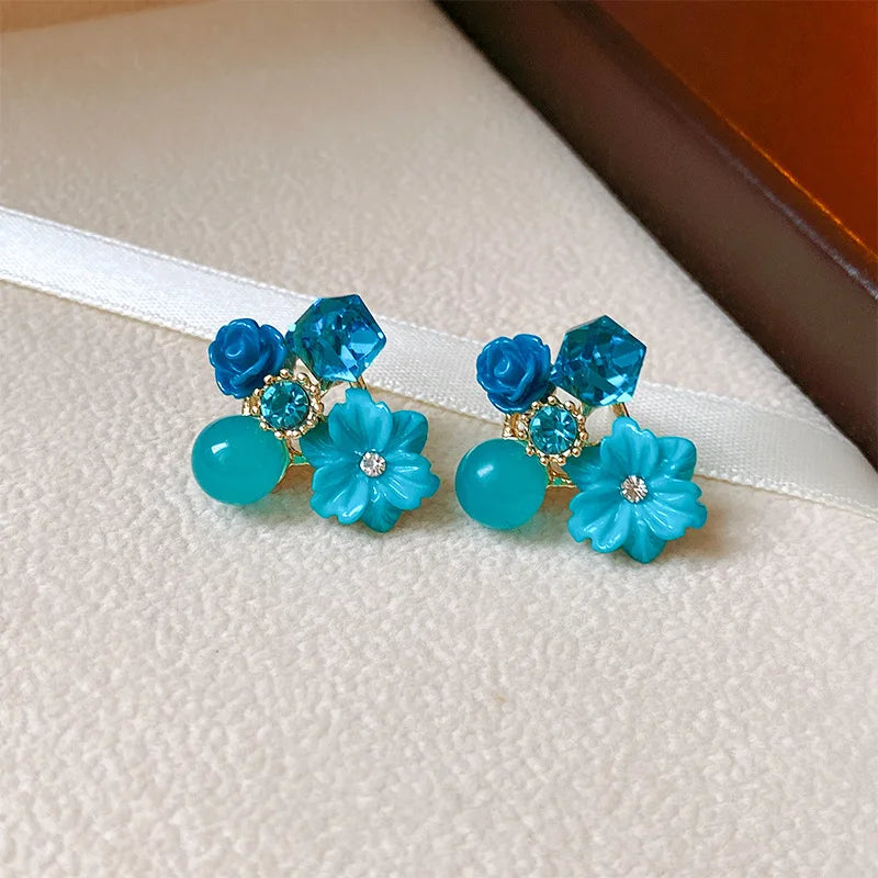 Blue Geometric Flower Butterfly Dangle Earrings - Bohemian Statement Jewelry