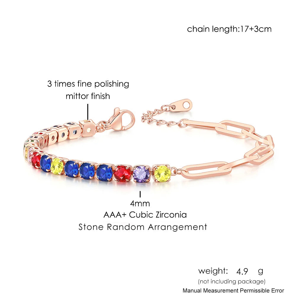 Adjustable Rainbow Zircon Tennis Bracelet - Colorful Wedding Hand Chain