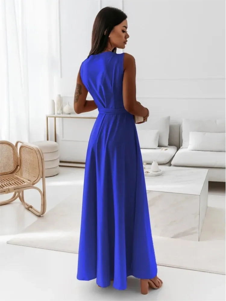 V Neck Lace Up Maxi Dress - Sleeveless Slim Party Outfit