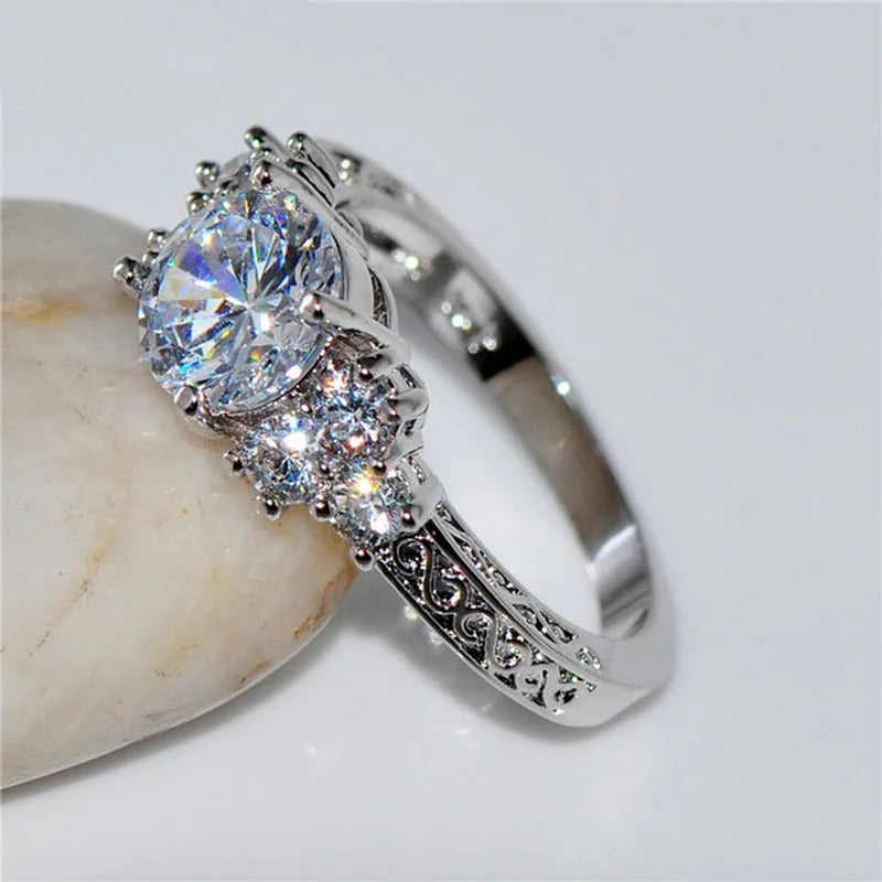 White Zircon Engagement Ring - Silver Color Anniversary Bridal Jewelry