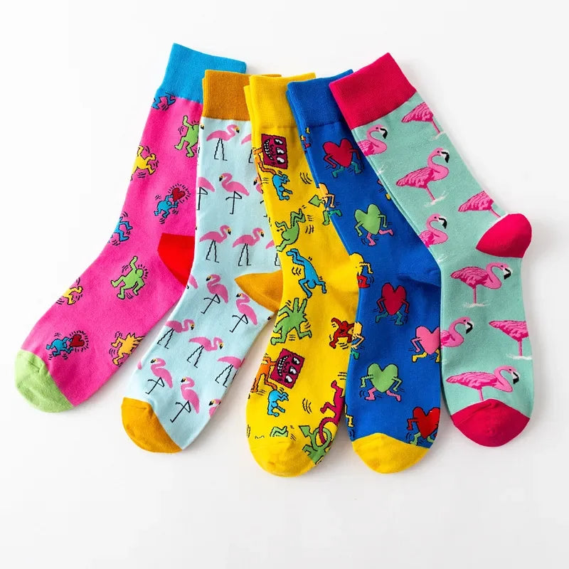 Cartoon Flamingo Cotton Crew Socks - Funny Harajuku Casual Pair