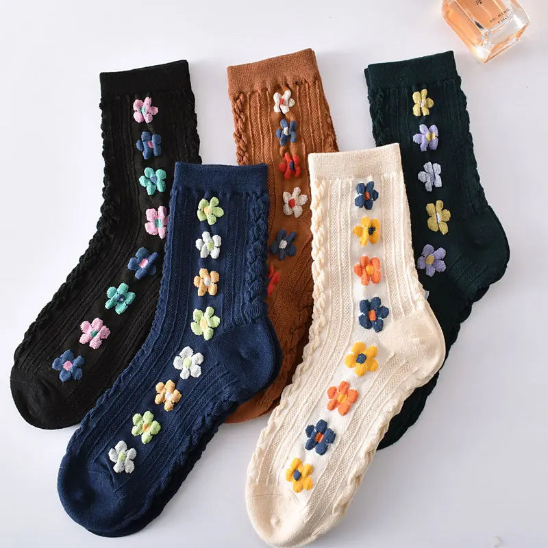 Floral Embossed Knit Socks - Retro Harajuku 5 Pair Style