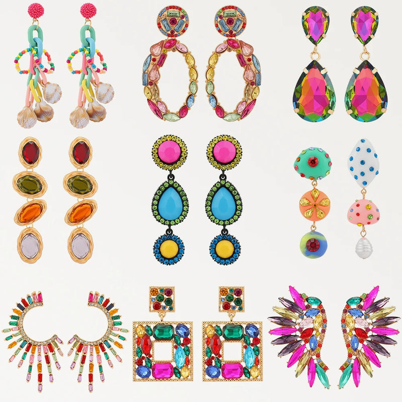 Boho Beaded Crystal Dangle Earrings - Multicolor Beach Statement Jewelry