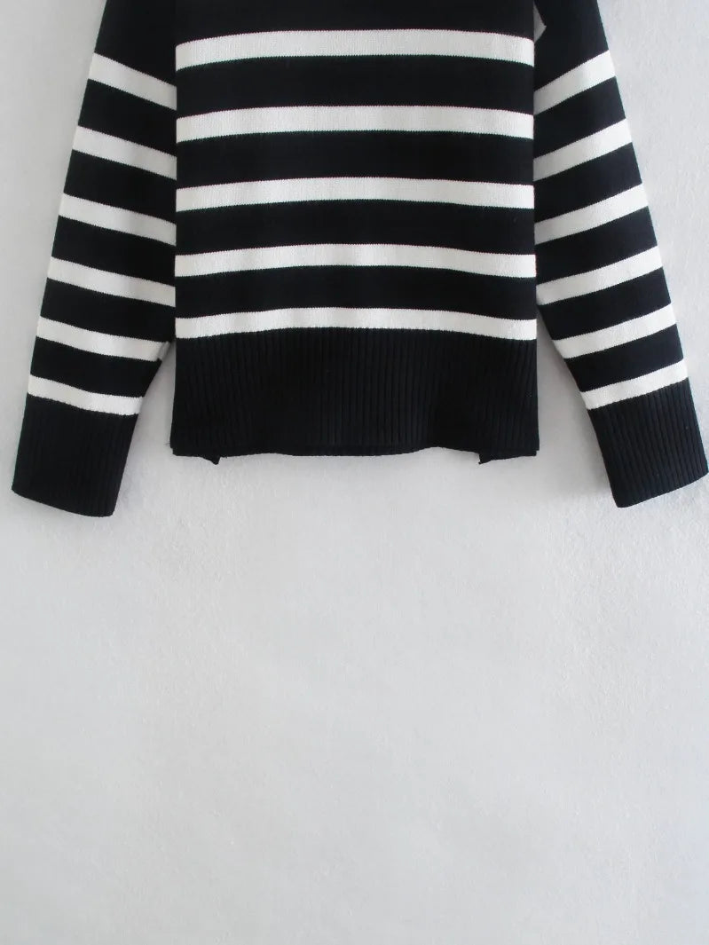 Black White Stripe Turtleneck Sweater - Loose Knit Pullover