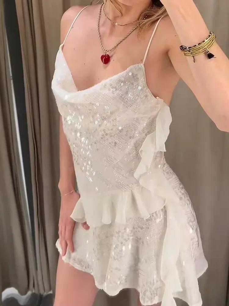 White Sequin Halter Dress - Backless Ruffle Party Prom Outfit