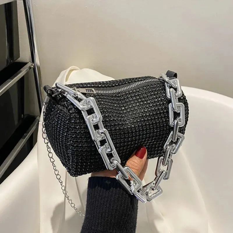 Glitter Rhinestone Bucket Bag - Mini Chain Prom Crossbody Purse